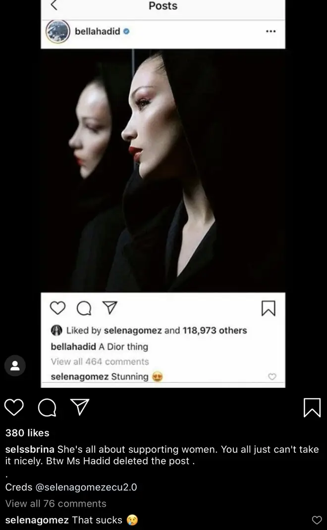 Bella Hadid deleted her photo after Selena Gomez commented on it