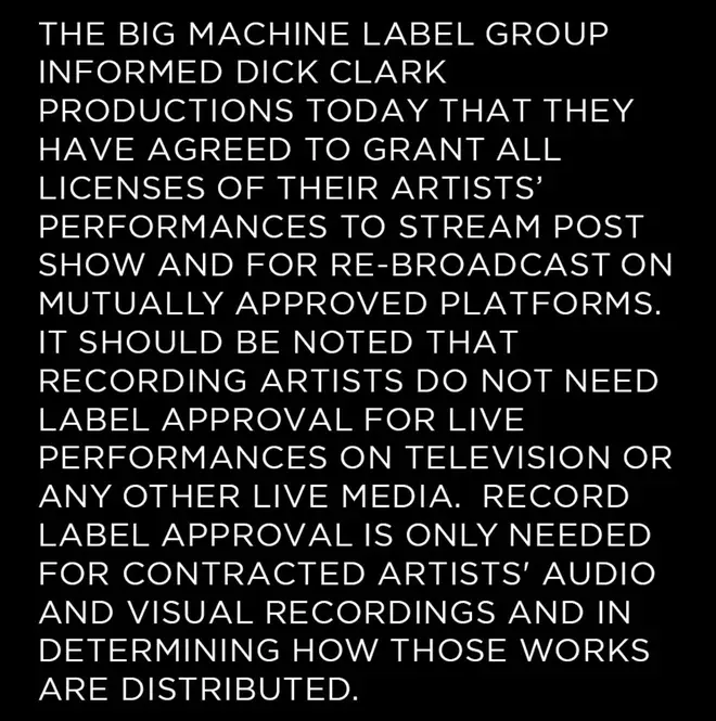 Big Machine Records issued a statement saying Taylor Swift could now perform her old songs