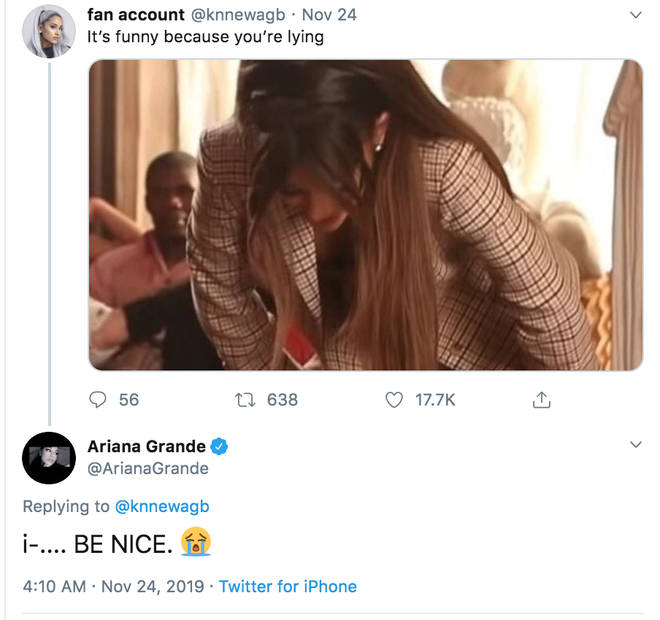 Ariana Grande tells a fan to 'be nice' in response to doppleganger