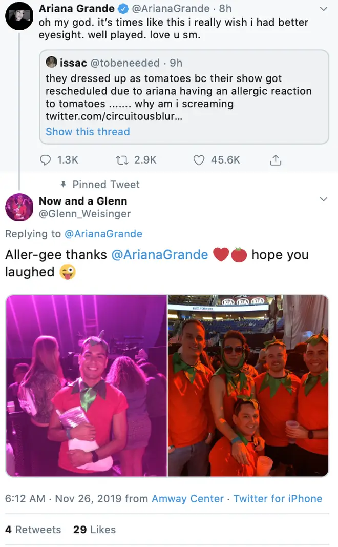 Ariana Grande's fans dressed up as tomatoes at her Sweetener Tour